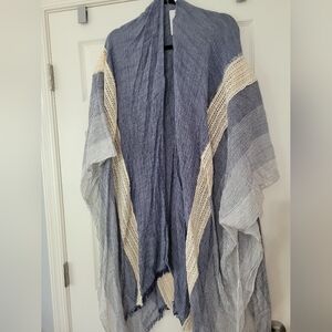 Women's Boho Kimono Chambray Mixed Fabric Crochet Lace One Size Open Front NWT